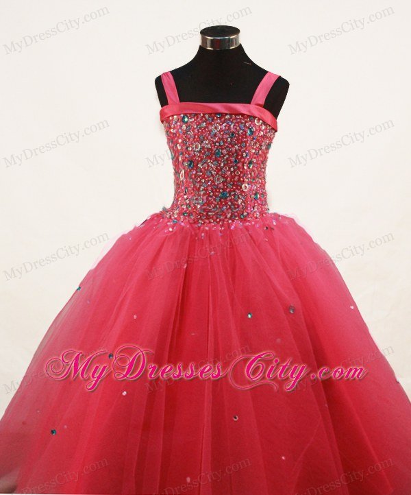Coral Red Straps Little Girl Pageant Dresses With Beading