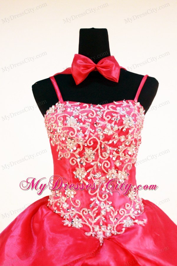 Red Beading and Appliques Pick-ups Straps Little Girl Dresses