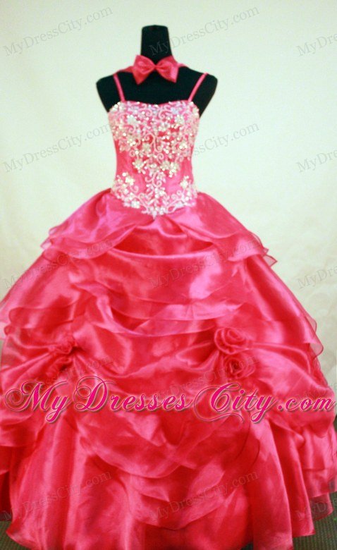 Red Beading and Appliques Pick-ups Straps Little Girl Dresses