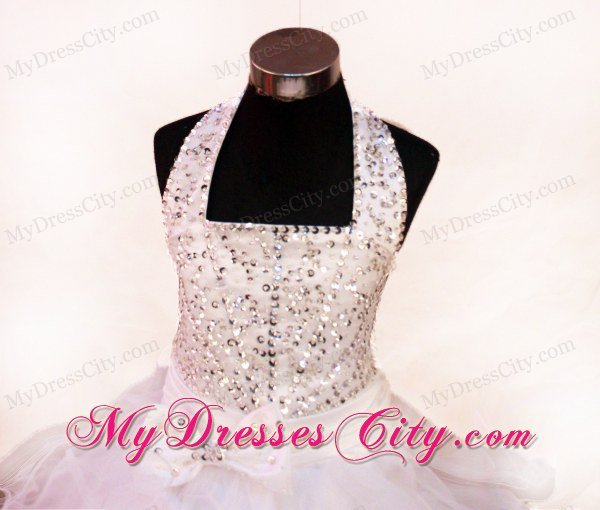 White Beading and Halter Little Girl Pageant Dresses Ruffled Layers