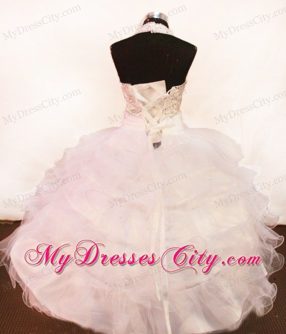 White Beading and Halter Little Girl Pageant Dresses Ruffled Layers