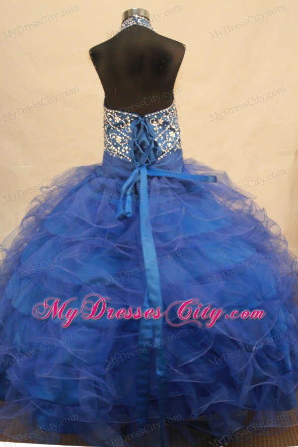 Halter Beading and Bowknot Blue Ruffles Little Girl Pageant Dresses