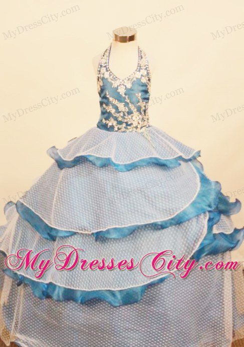 Ruffled Layers Appliques Little Girl Pageant Dress Halter Ball Gown