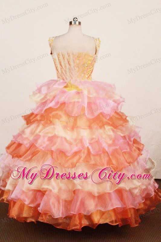 Multi-color Ruffled Layered Beaded Little Girl Pageant Dress Straps