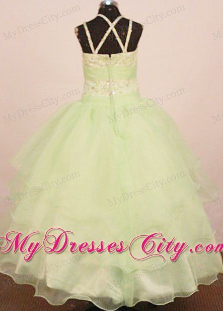 Yellow Green Little Girl Pageant Dress Applique Ball Gown Straps