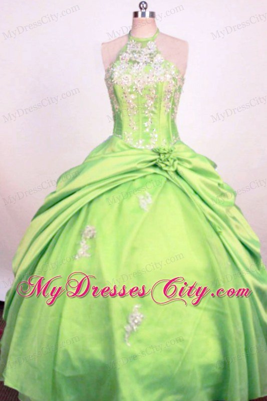 Spring Green Halter Hand Made Flower Little Girl Pageant Dress