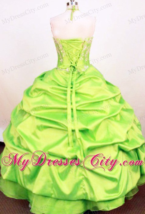 Spring Green Halter Hand Made Flower Little Girl Pageant Dress