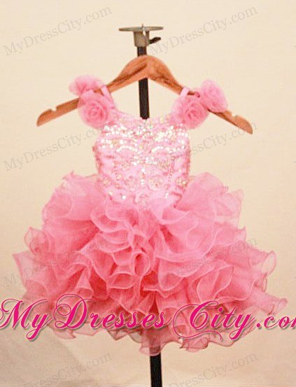 Scoop Hand Made Flowers Girl Pageant Dresses Ruffled Baby Pink