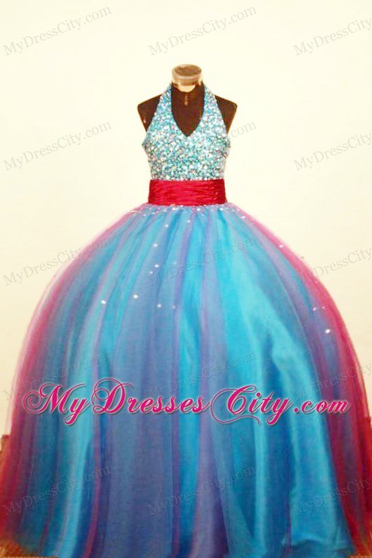 Multi-colored Halter Pageant Dress for Lil Girls Beaded with Belt