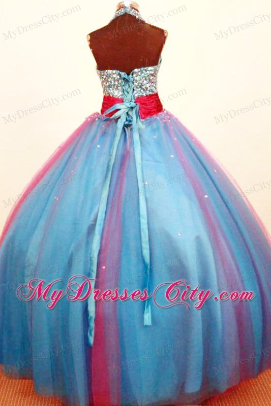 Multi-colored Halter Pageant Dress for Lil Girls Beaded with Belt