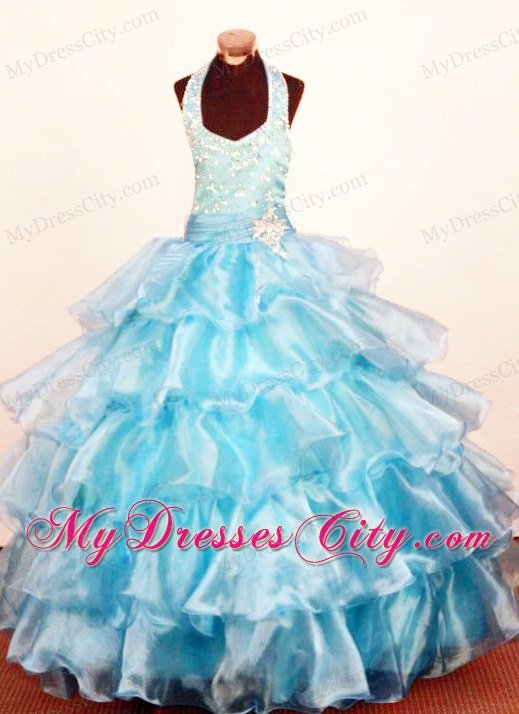 Baby Blue Ruffled Pageant Dresses for Little Girls Halter Organza