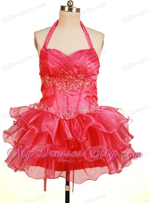 Halter Red Ruched Organza Ruffled Pageant Dresses for Toddlers