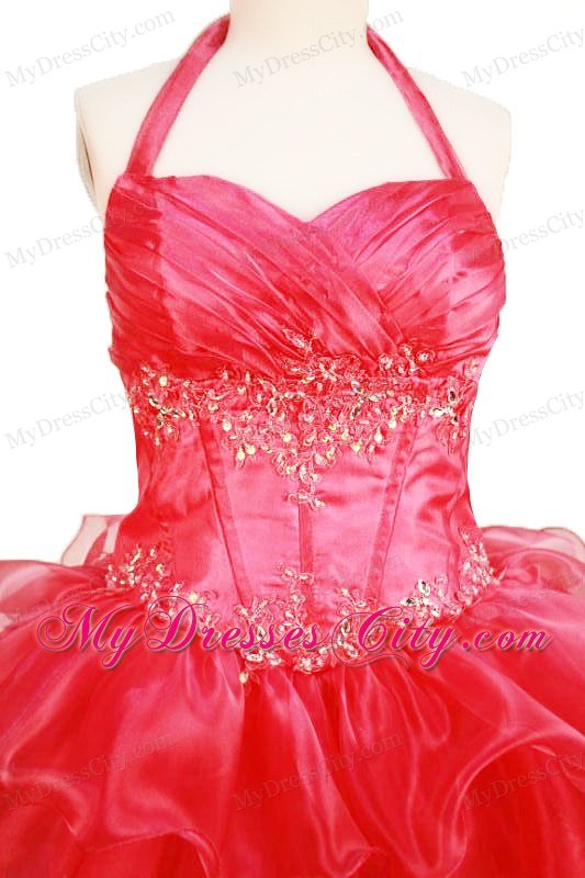 Halter Red Ruched Organza Ruffled Pageant Dresses for Toddlers