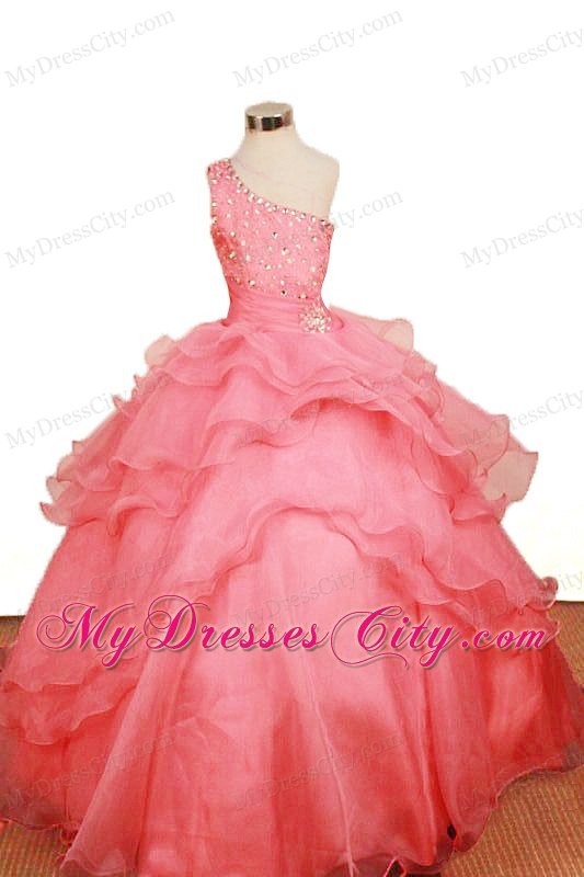 Watermelon One Shoulder Ruffled Layeres Girl Pageant Dresses