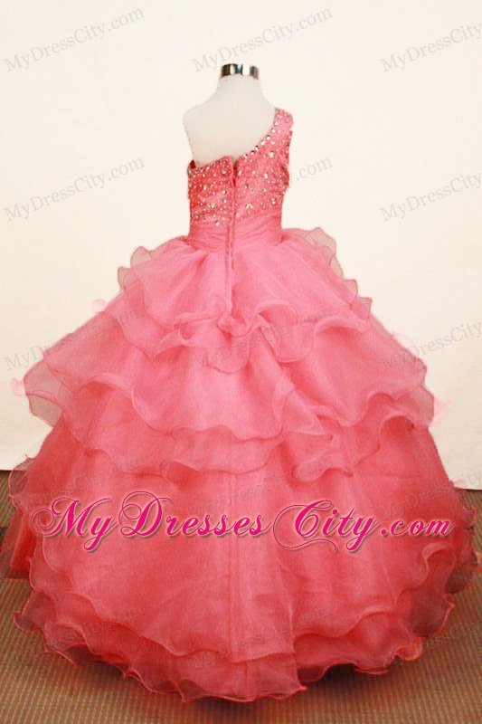 Watermelon One Shoulder Ruffled Layeres Girl Pageant Dresses