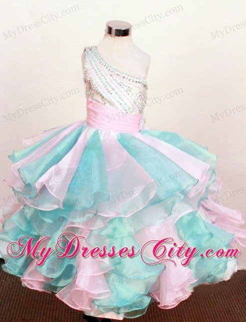 Layered Pink and Blue Beaded One Shoulder Girls Pageant Dress