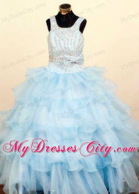 Square Baby Blue Ruffled Layeres Little Girls Pageant Dresses