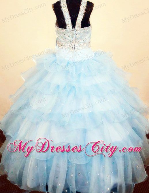 Square Baby Blue Ruffled Layeres Little Girls Pageant Dresses