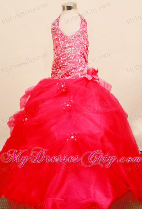 Red Floral Embellishment Beaded Little Girl Pageant Dresses