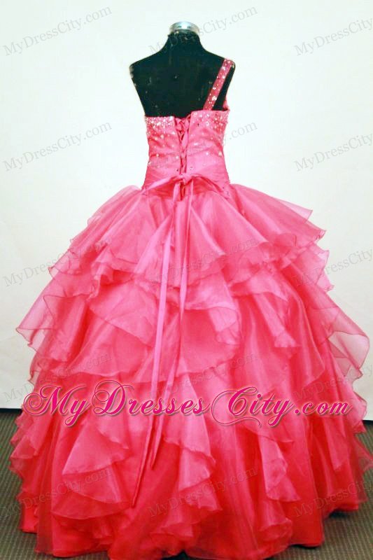 One Shoulder Ruffled Coral Red Beaded Pageant Dresses for Girls