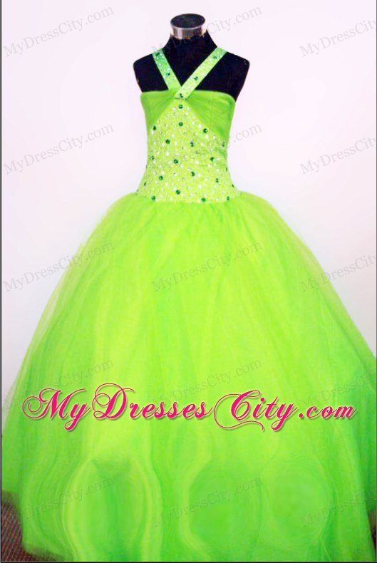 Halter Spring Green Lil Girl Pageant Dress Beaded Ball Gowns