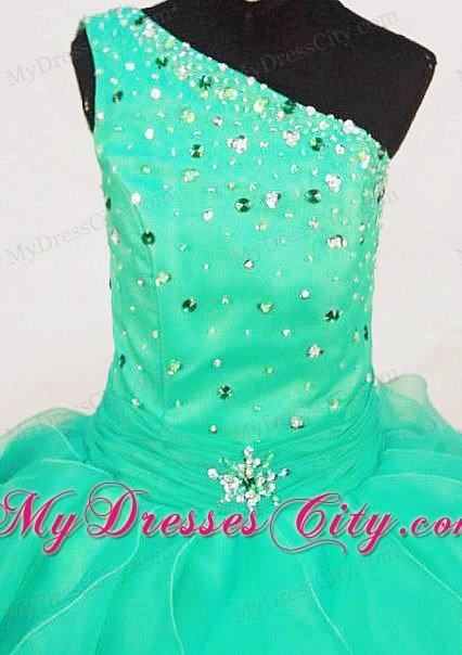 Turquoise Ruffled One Shoulder Pageant Dresses Organza Beading