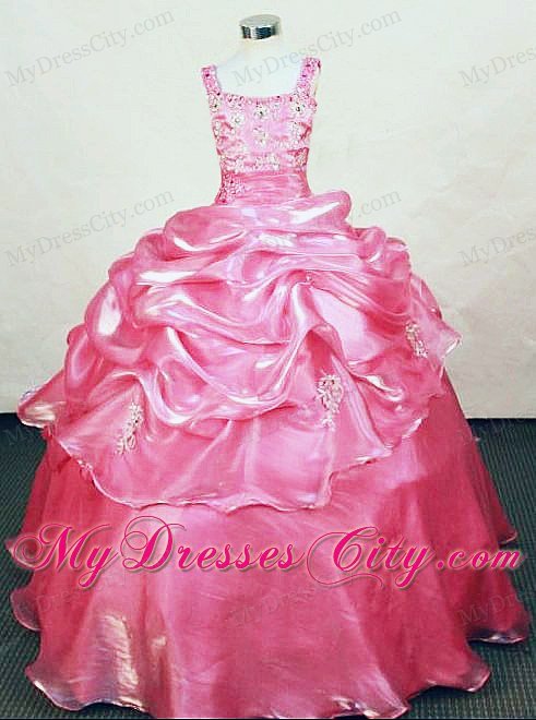 Appliques Straps Rose Pink Organza Beaded Little Pageant Dresses