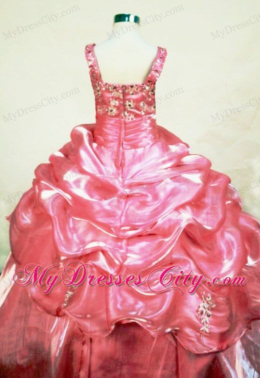Appliques Straps Rose Pink Organza Beaded Little Pageant Dresses