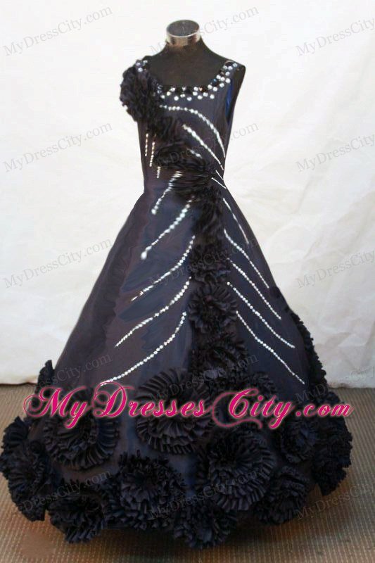 Hand Made Flowers Scoop Black Satin Beading Girl Pageant Dresses