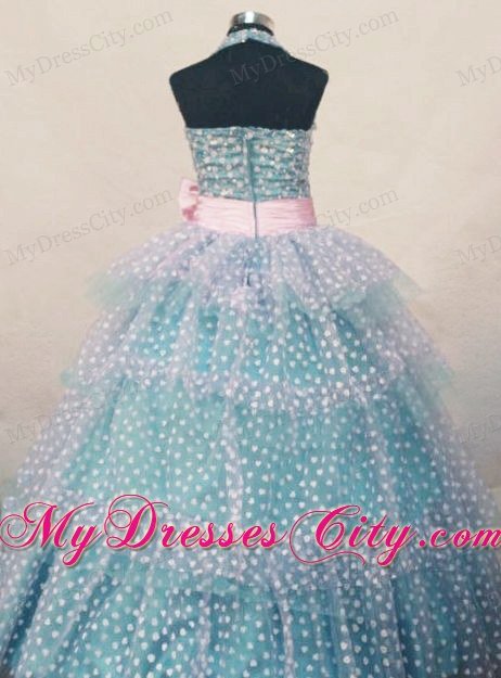 White Polka Dot Turquoise Halter Girl Pageant Dress with Pink Bow
