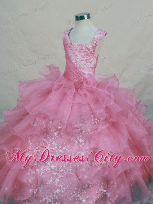 Scoop Appliques Ruched Beading Pink Pageant Dresses for Teens