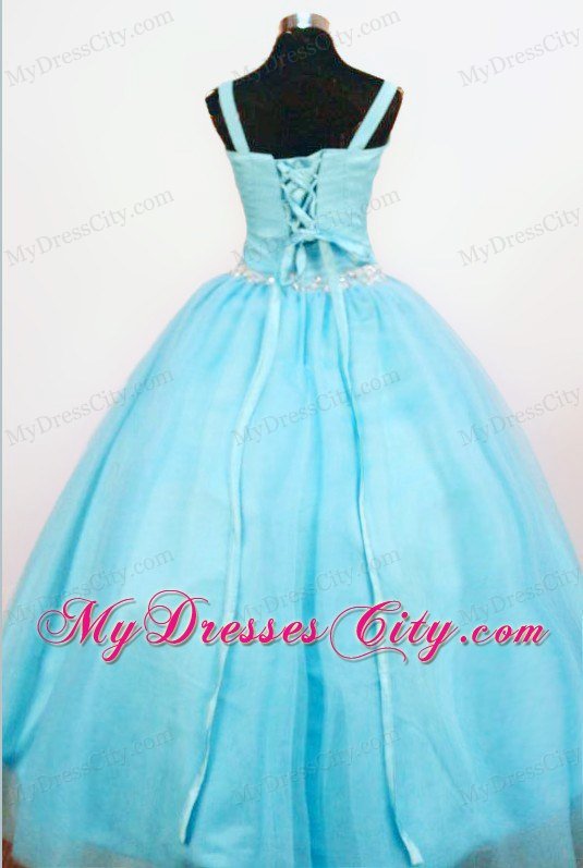 Appliques Aqua Blue Pagent Dresses for Little Girls with Straps