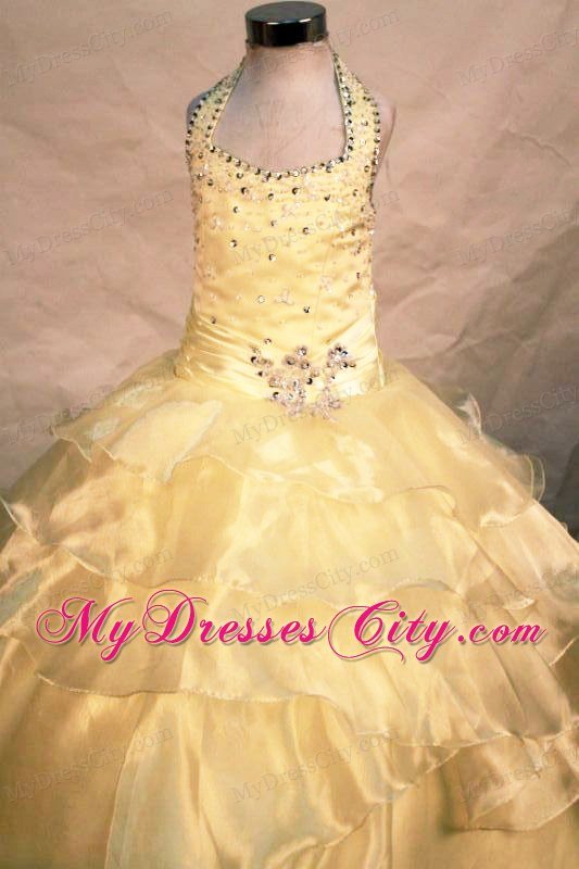 Yellow Beading Ball gown Halter Little Girl Pageant Dresses Organza Layers