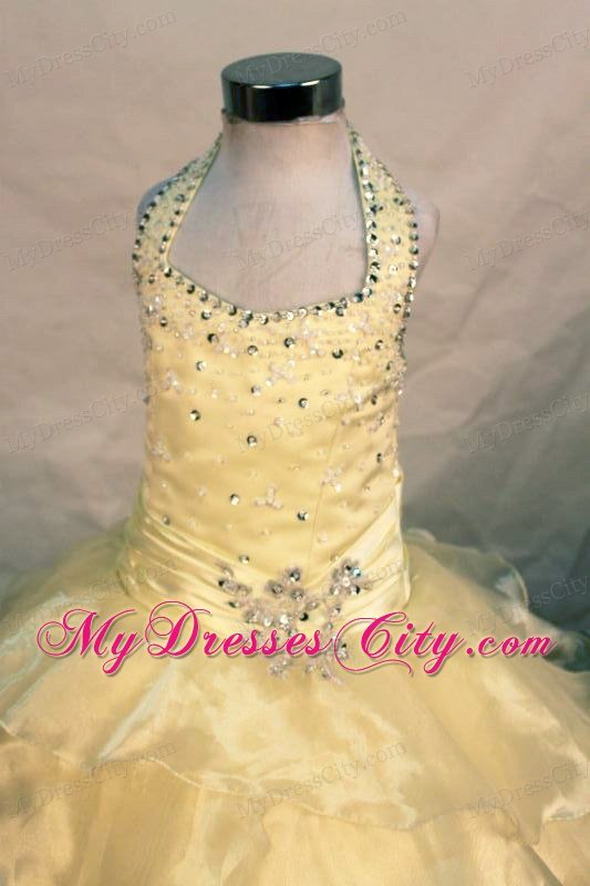 Yellow Beading Ball gown Halter Little Girl Pageant Dresses Organza Layers