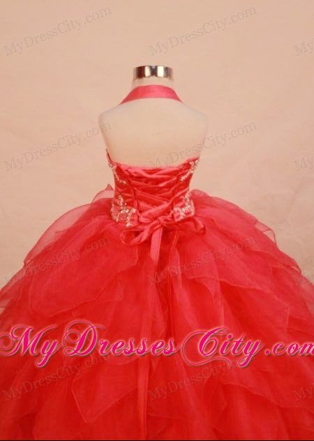 Halter Beading Ball gown Red Little Girl Pageant Dresses with Ruffles