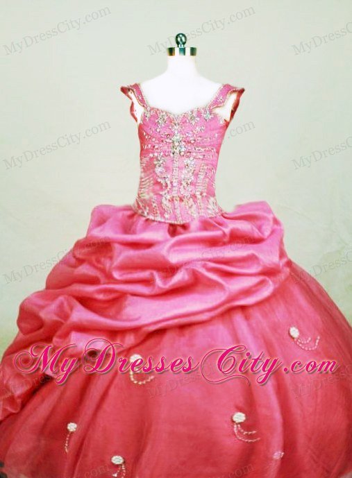 Beading Square Organza Little Girl Pageant Dresses Floor-length Hot Pink