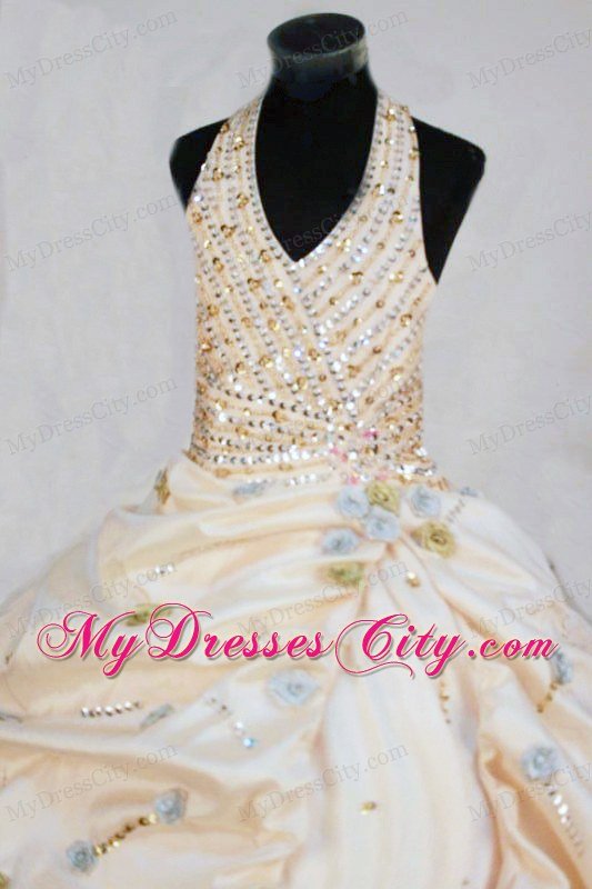 Yellow Taffeta Ball gown Beaded Halter Little Girl Pageant Dresses