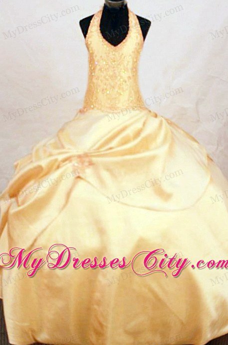 Halter Beaded Ball gown Gold Floor-length Little Girl Pageant Dresses
