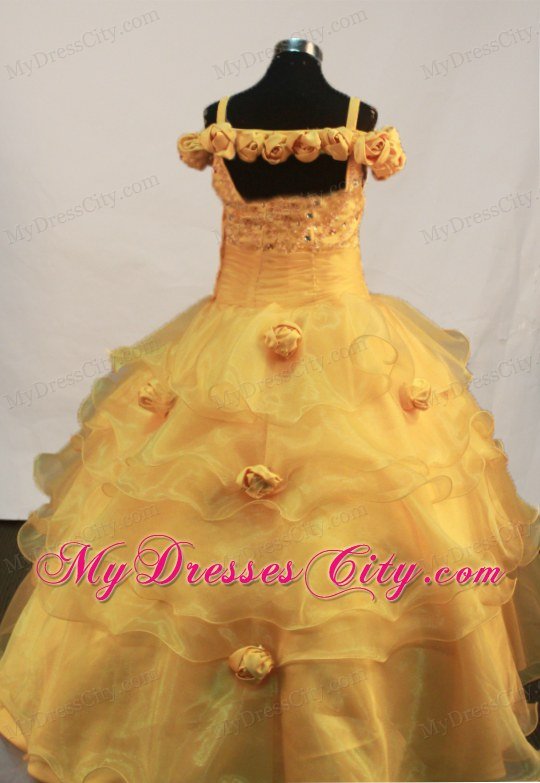 Gold Straps Hand Flowers Little Girl Pageant Dress Straps Floor-length