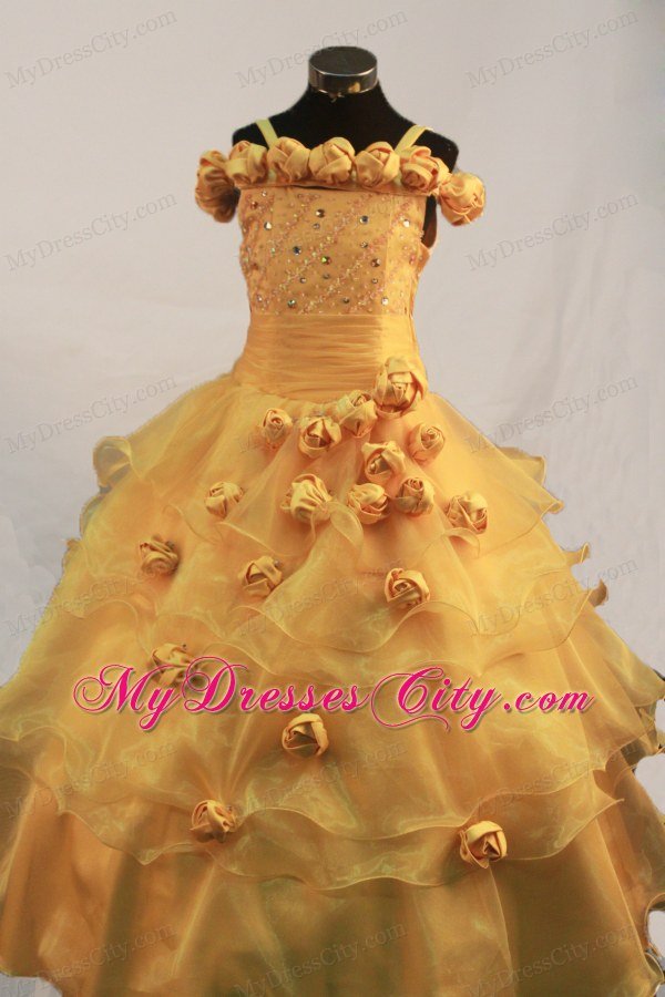 Gold Straps Hand Flowers Little Girl Pageant Dress Straps Floor-length