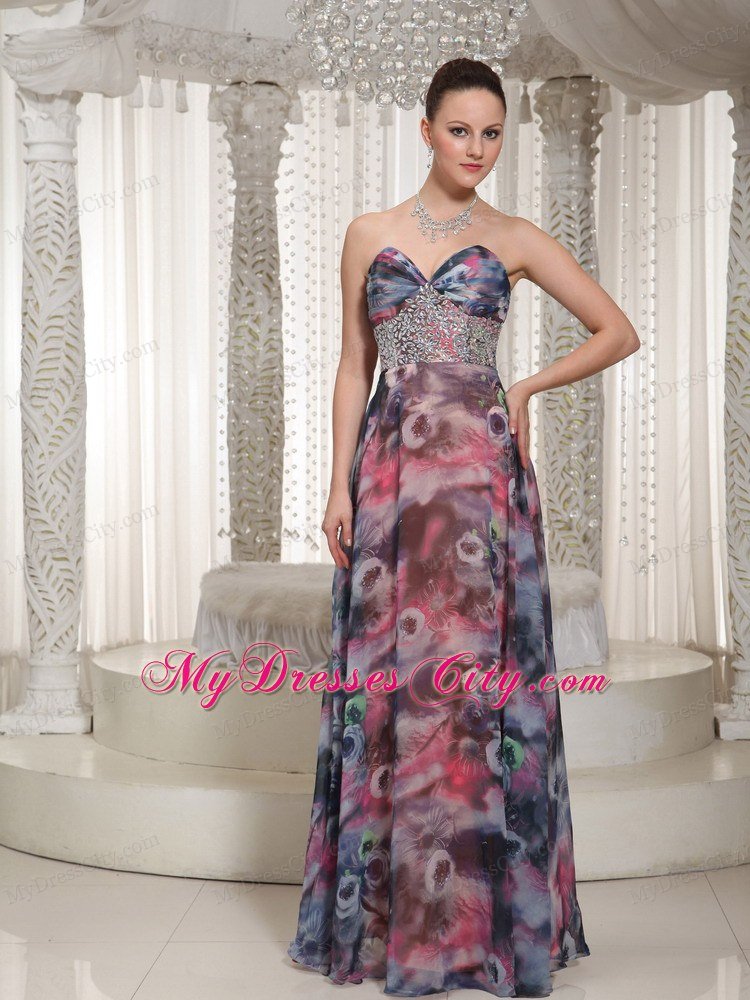 Beaded Sweetheart Printing Maxi Dress Zipper Back for Prom