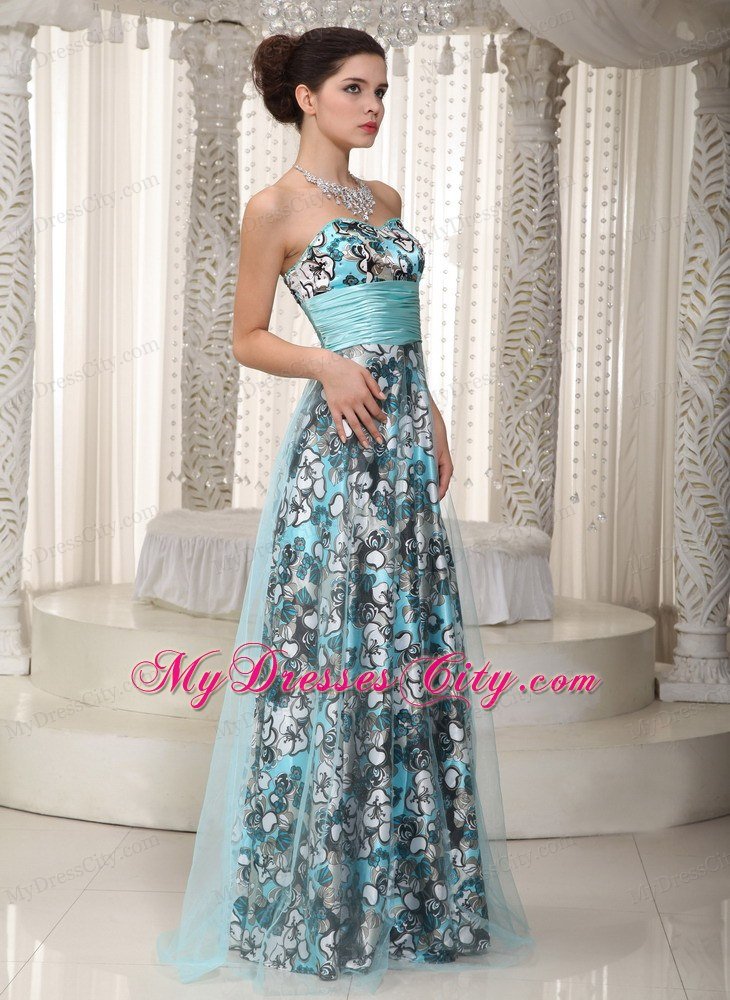 Cheap Printed Sweetheart Tulle Maxi Dresses with Belt
