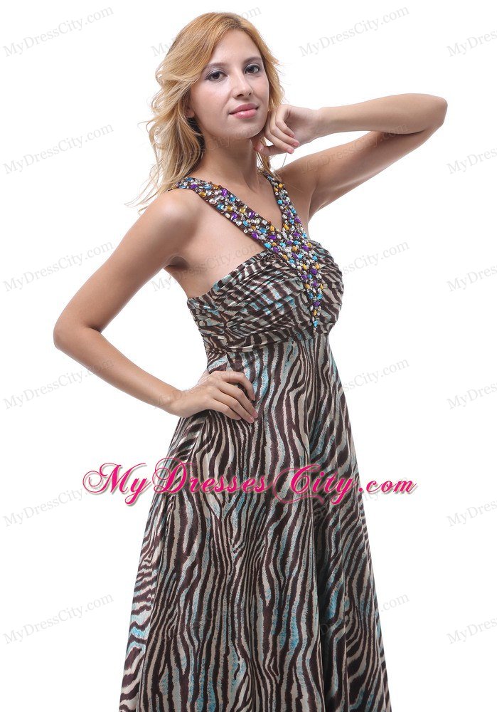Beautiful Zebra Beading Decorated Straps V-neck Maxi Celebrity Dress