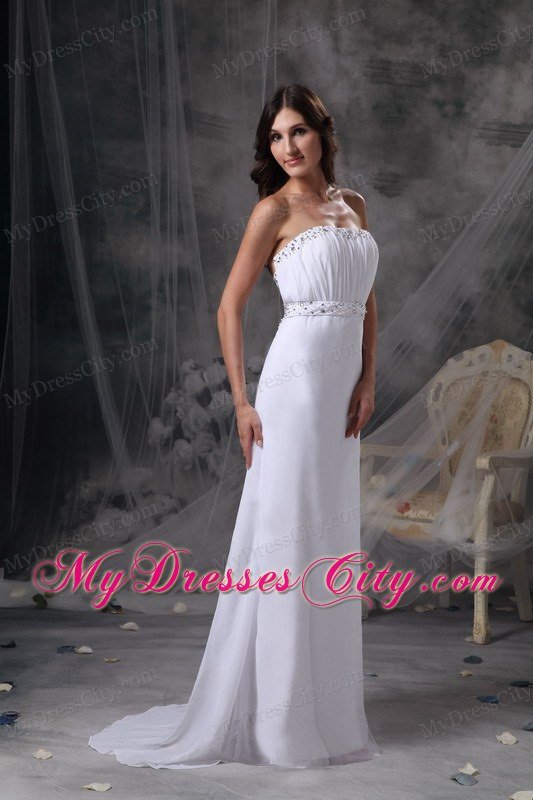 White Strapless Long Prom Dress with Beading and Ruching