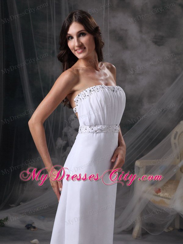 White Strapless Long Prom Dress with Beading and Ruching