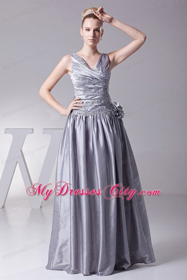 Silver V-neck Hand Made Flower Dress for Prom With Appliques