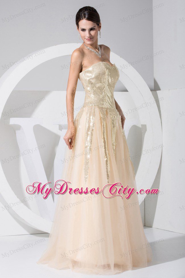 Sequin Decorated Tulle Champagne Floor-length Prom Dress