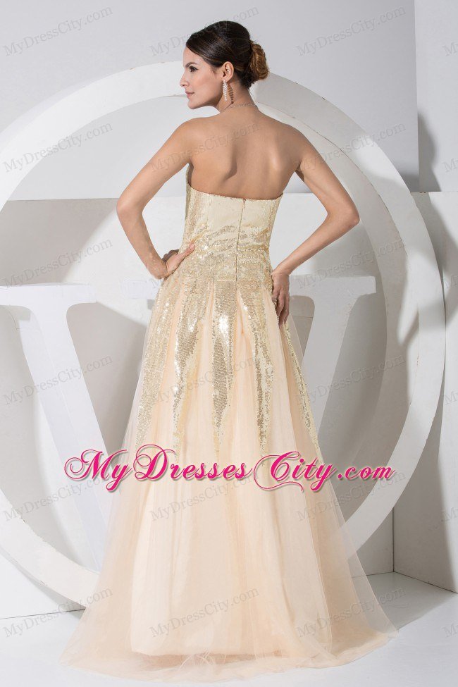Sequin Decorated Tulle Champagne Floor-length Prom Dress