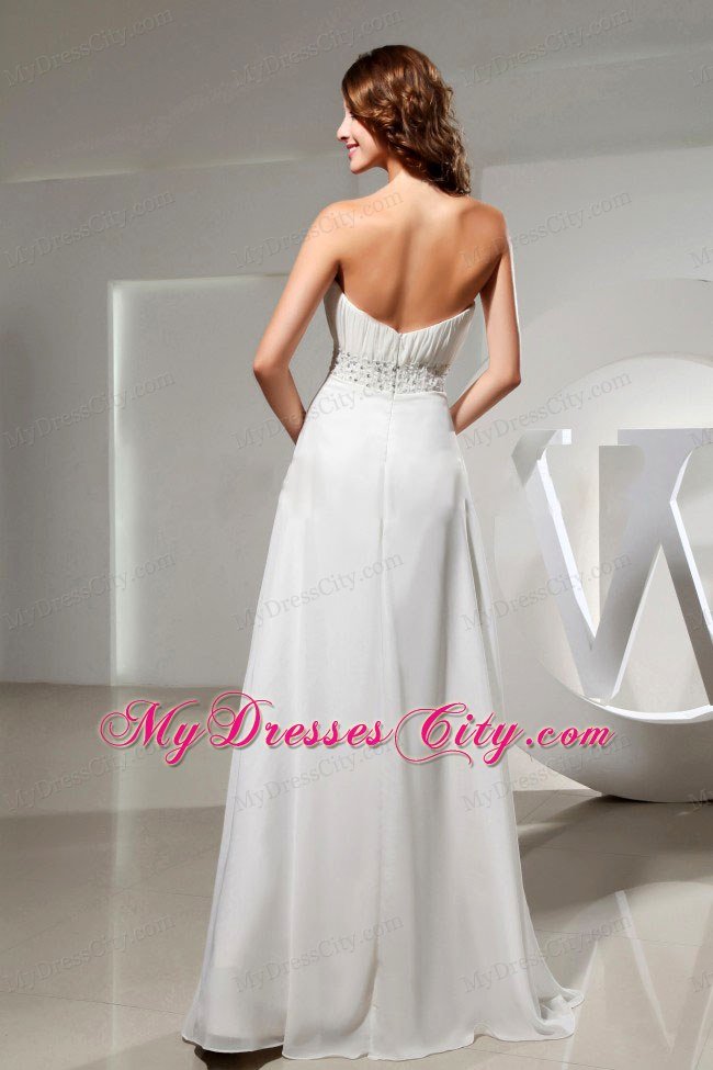 White Chiffon Prom Evening Dresses With Beaded Ruching Bodice