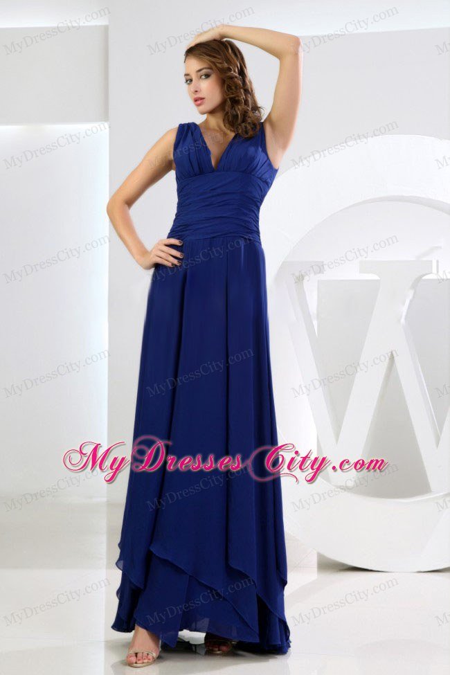 V-neck Chiffon Ruched Royal Blue Prom Dress for Wedding Party